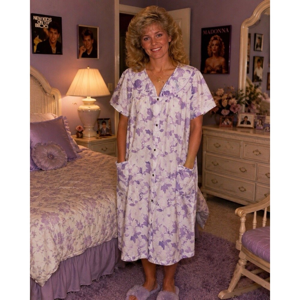 Simply Basic Purple Floral Snap Front House Dress Nightgown XL XG Pockets
